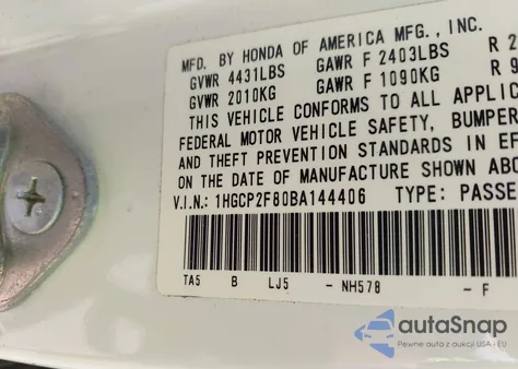 2011 Honda Accord 2.4 Ex-L z USA, uszkodzony, nr VIN 1HGCP2F80BA144406